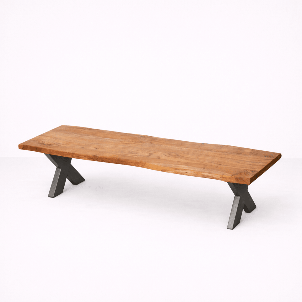 Wooden bench with natural top and contrasting metal legs