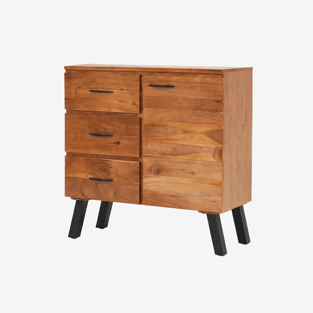 Wooden sideboard with three drawers and one door