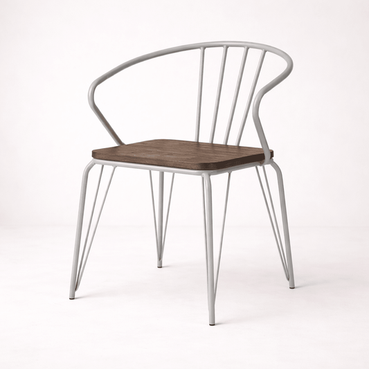 Ronan industrial dining armchair grey metal frame elm seat