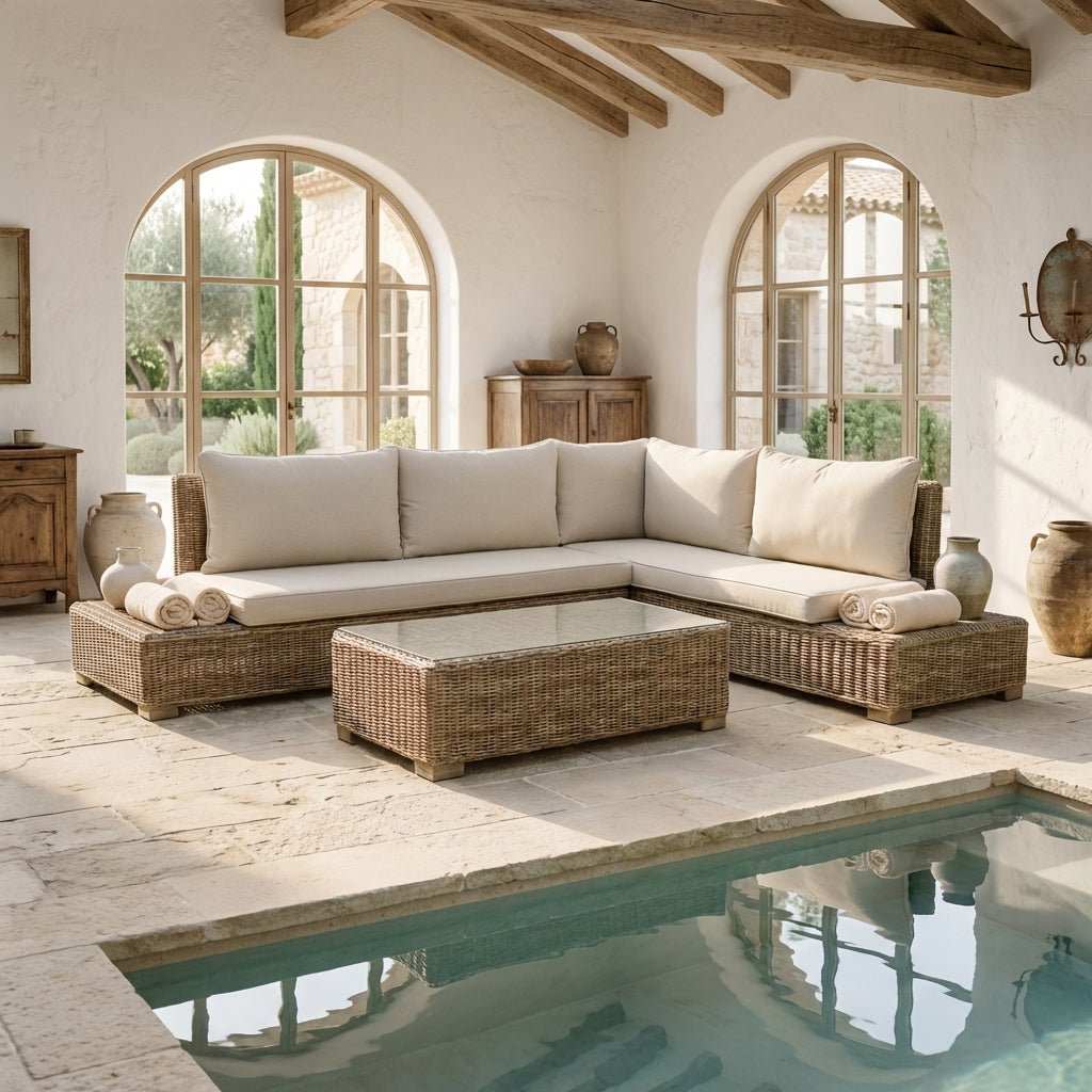 Corner set styled in a Mediterranean pool side setting