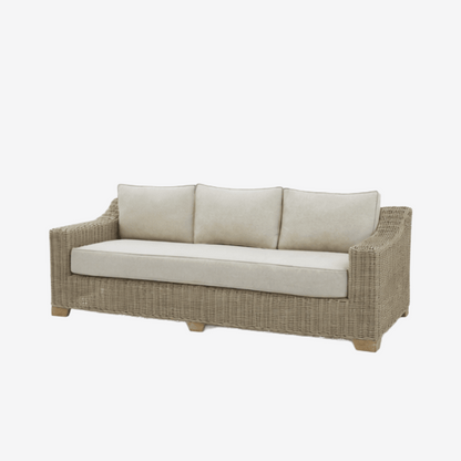 Outdoor three seater sofa with woven frame and cushions