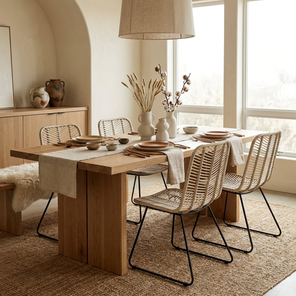 Rattan dining chair with black metal frame in a warm dining interior