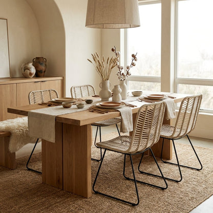 Rattan dining chair with black metal frame in a warm dining interior