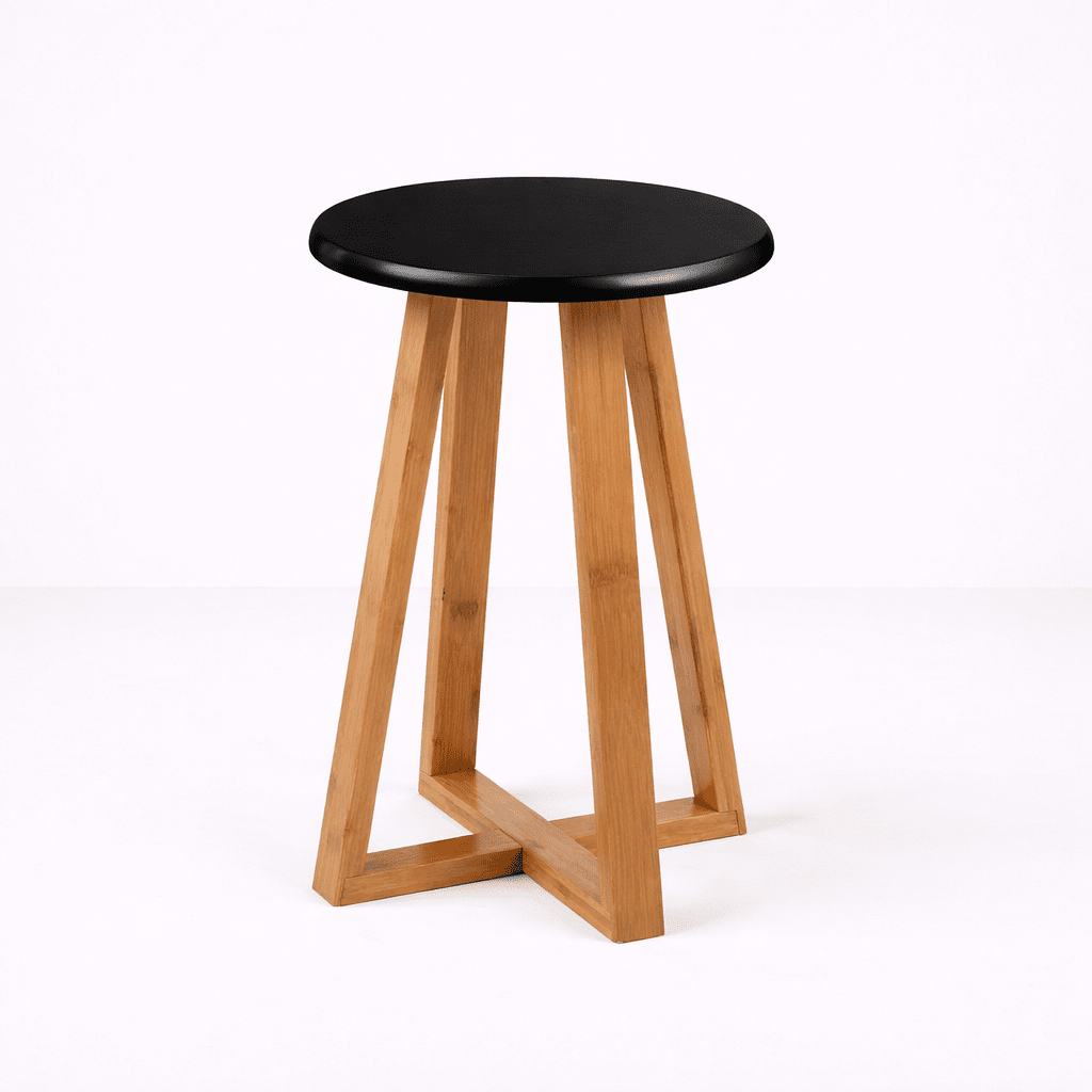 Wooden stool with round black seat and angled legs