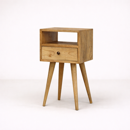 Compact wooden bedside table with single drawer and open shelf