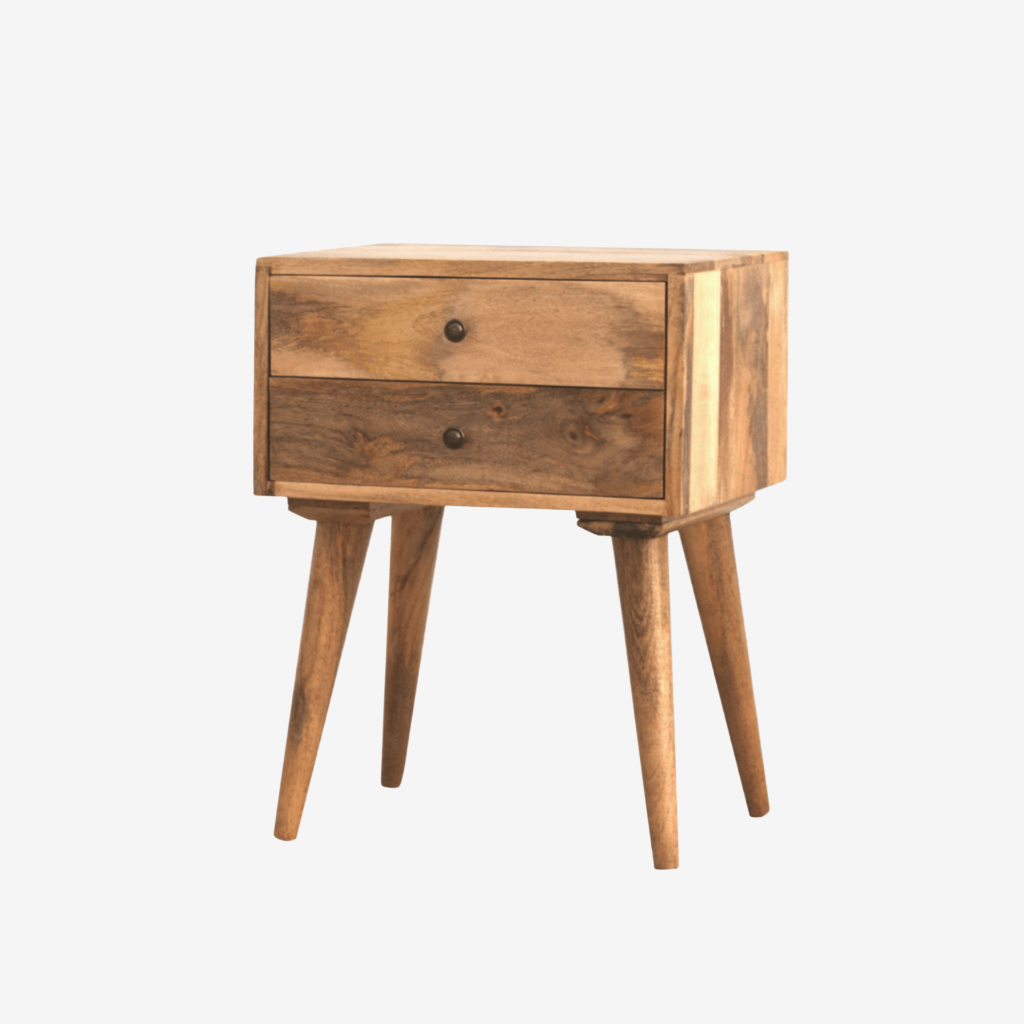 Two drawer wooden bedside table on four legs in an oak finish