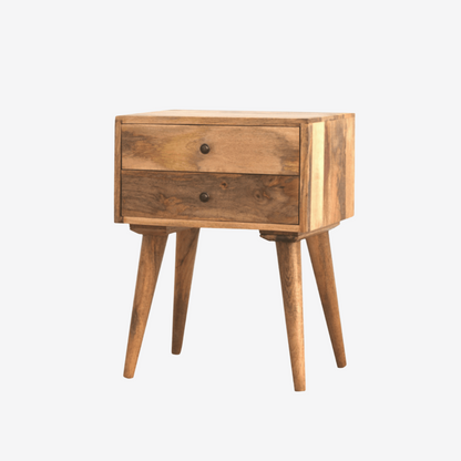 Two drawer wooden bedside table on four legs in an oak finish