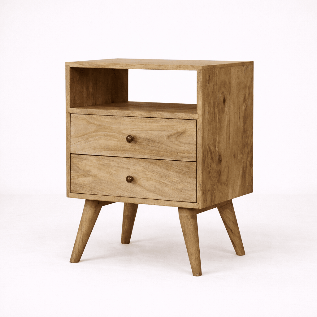 Wooden oak bedside table with two drawers and open shelf