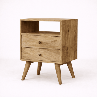 Wooden oak bedside table with two drawers and open shelf