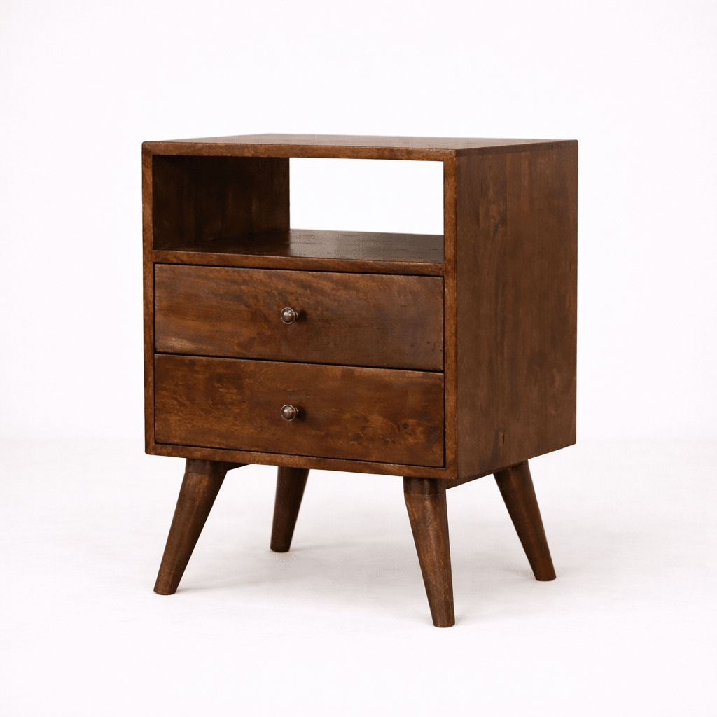 Wooden chestnut bedside table with two drawers and open shelf