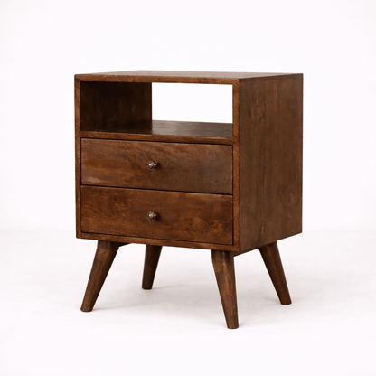 Wooden chestnut bedside table with two drawers and open shelf