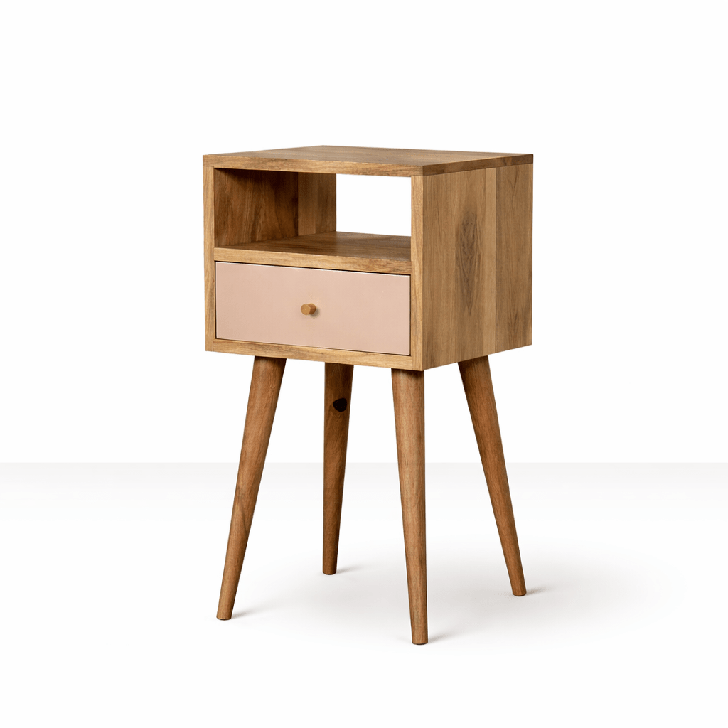 Small bedside table with wooden frame and blush drawer front